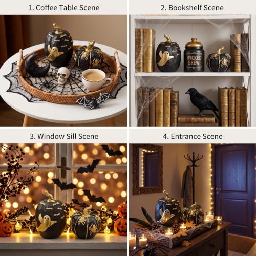 Halloween Pumpkin Decor Set - Black & Gold Resin Pumpkins with Spider Web Ghost Bat E
