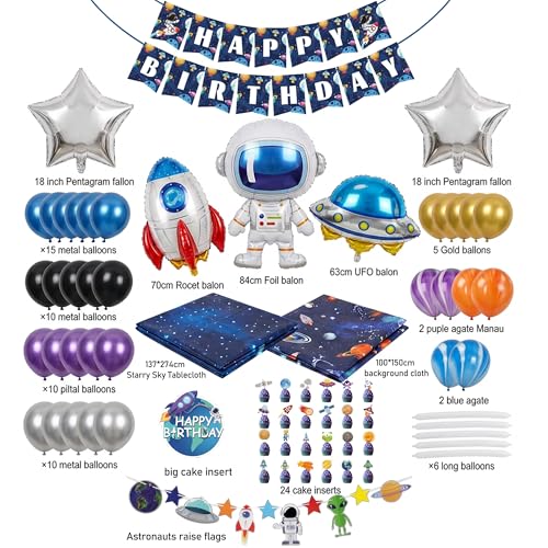 Space Themed Party Decorations Set with Balloons, Banners & Cake Toppers