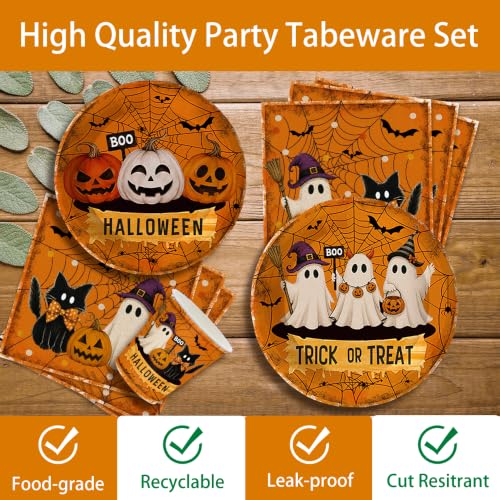 Halloween Party Supplies Set with Plates Cups Napkins & Utensils - Orange Pumpkin Ghost Design, Serves 20