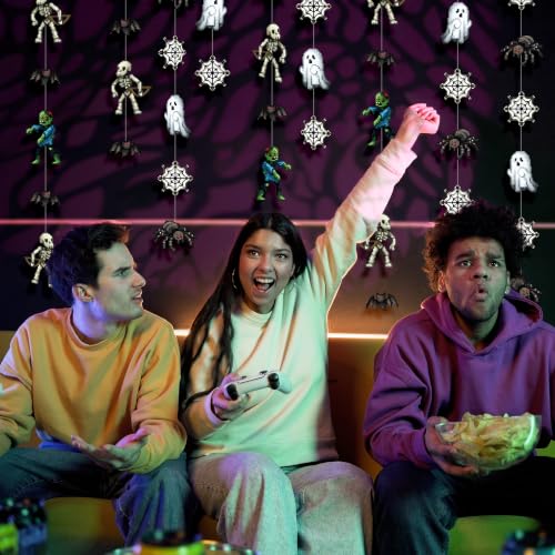 Pixel Monster Garland Halloween Party Decorations - Retro Arcade Zombie Ghost Skeleton Bat Streamers - 6 Pieces