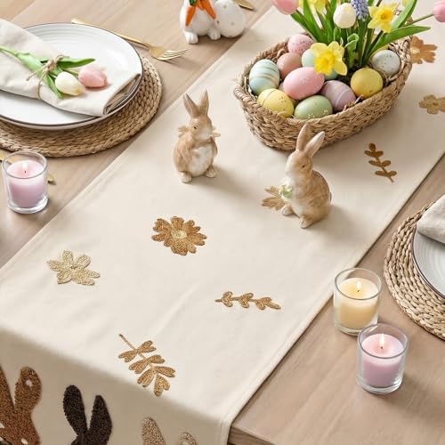 Easter Bunny Table Runner 13x72 Inch - Seasonal Spring Kitchen Decor, Brown Embroidery
