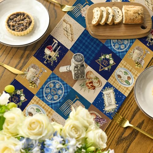 Blue Buffalo Plaid Stars Table Runner - Passover Kitchen Decor 13x72 Inch