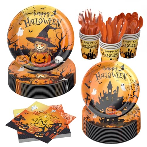 Halloween Party Supplies Plates Cups Spoons Forks Tablecloth Banner 24 Pieces - Halloween Style