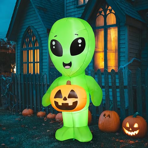 5ft Tall Inflatable Alien Halloween Decor with Pumpkin & LED Lights