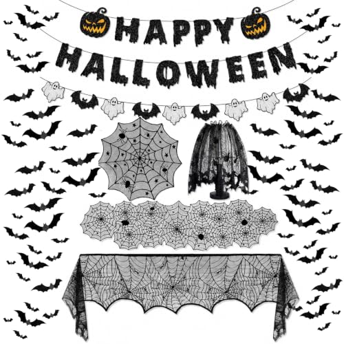 Halloween Indoor Decor Set with Spider Web Tablecloth, Bat Wall Stickers & Mantel Scarf