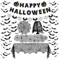 Halloween Indoor Decor Set with Spider Web Tablecloth, Bat Wall Stickers & Mantel Scarf