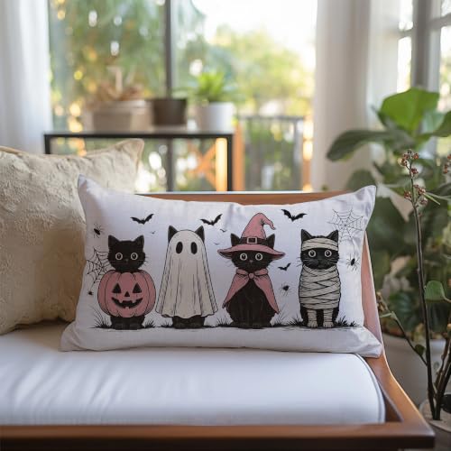 Halloween Pillow Cover 12x20 Black Cats Bats Autumn Decor - Pink & Black Variation