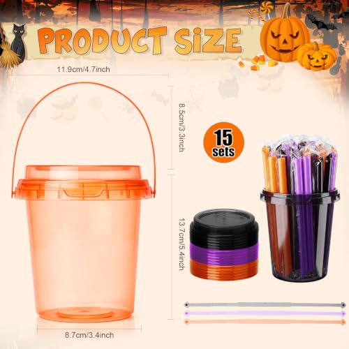 Halloween 15-Piece 32oz Drink Buckets Set with Lids Straws Handles - Spooky Bulk Party Supplies