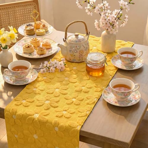Yellow Soft Plush Faux Fur Jacquard Embroidery Daisy Table Runner 13x60 Inches — Kitchen Dining Decor