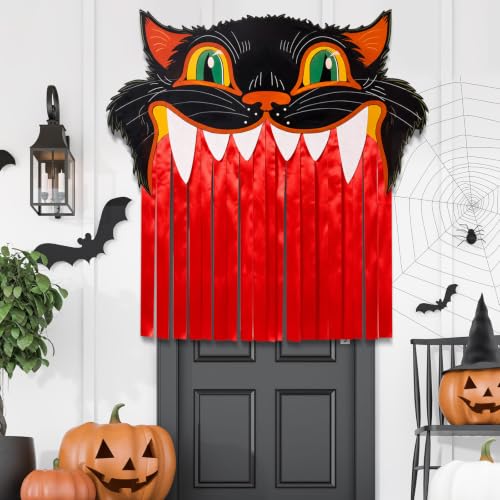 Halloween Black Cat Door Curtain with Fringe - Spooky Carnival Entry Decor