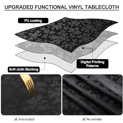 Heavy Duty Waterproof Vinyl Tablecloth - Black 52 x 70 Inch Rectangular