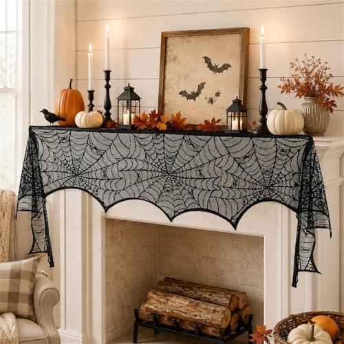 Halloween Fireplace Mantel Scarf - Black Lace Spiderweb Decor 18x96 Inches