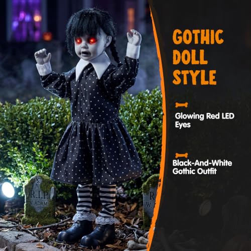 Sound-Activated Halloween Animatronic School Girl Decor - Creepy Ghost Doll with Glowing Eyes