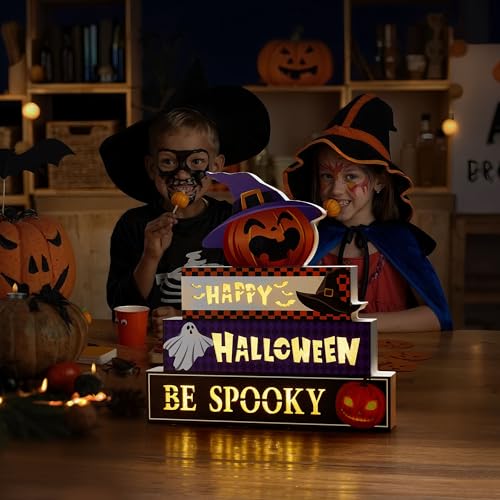 Halloween Wooden Block Set with Glowing 3D Letters and Witch-Hatted Pumpkin - Indoor Decor