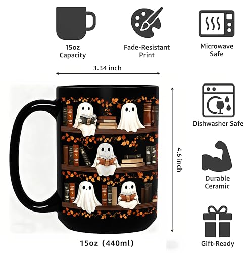 15oz Halloween Ghost Reading Coffee Mug, Bookshelf Tea Cup - Black