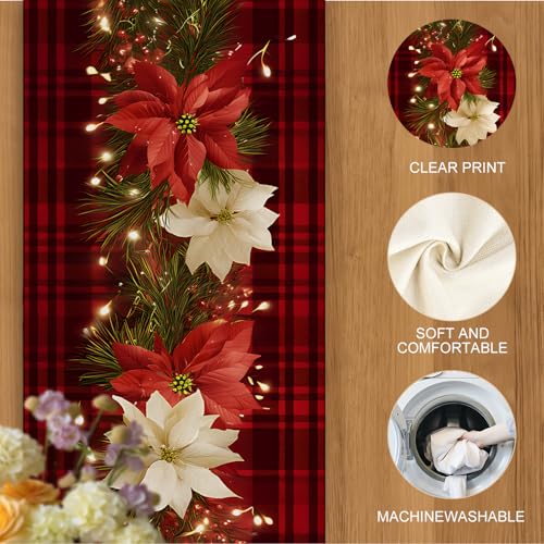 Christmas Table Runners and Placemats Set of 6 - Red Plaid with Poinsettia & Floral Design, Variation 124