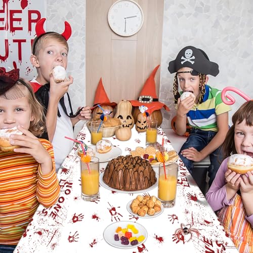 Halloween Bloody Handprint Table Cover & Backdrop Banner - Waterproof Disposable Plastic, 54x108 Inch, 3-Pack