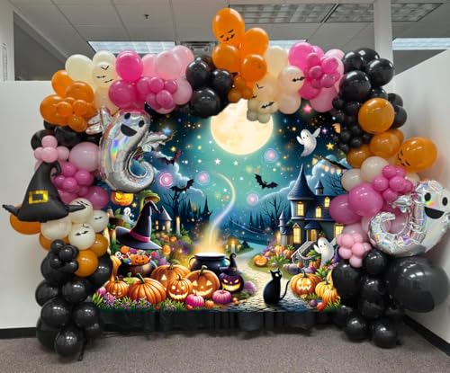 Halloween Cartoon Backdrop Full Moon Night Magic Cauldron Bat Forest Kids & Adults 8x6FT