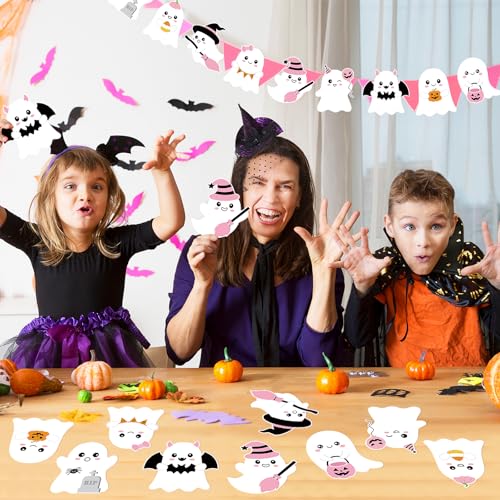 Pink Ghost Halloween Paper Cutouts - 54 Sheets with Double-Sided Printing & DIY Decorations