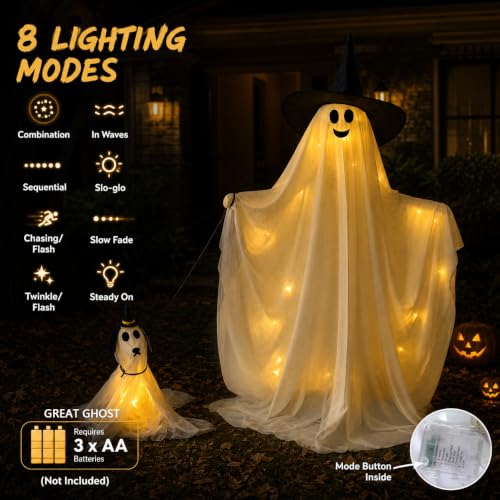 Outdoor Halloween Light-Up Ghost with Barking Ghost Dog - White, One Size