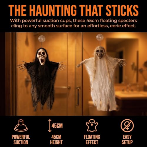 Halloween Hanging Ghost Decorations - 2 Pack, 17.7 Inch Skeleton Ghosts with Tattered Gauze & Bendable Arms for Yard Porch Haunted House