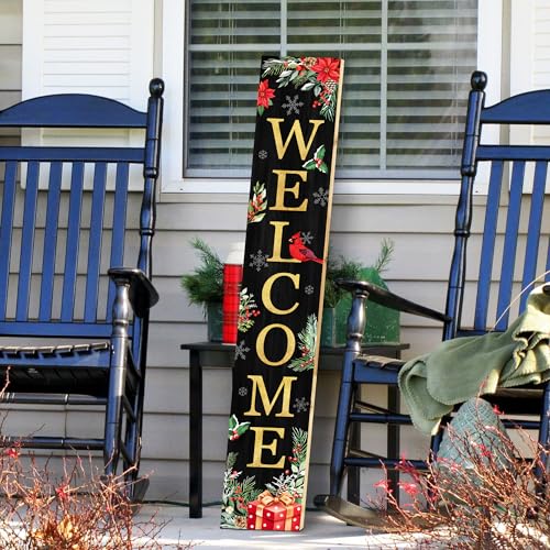 Christmas Welcome Sign for Front Porch Standing - Red Holly Xmas Wooden Sign, Rustic Farmhouse Decor