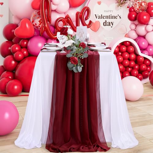 QueenDream Burgundy Chiffon Table Runner 27x120 Inch Long Sheer Wedding & Party Decor - 15 Pieces