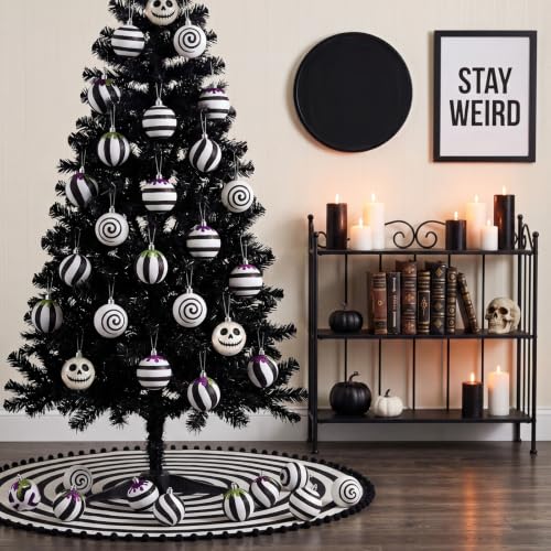 Medoore 24Pcs Gothic Black & White Christmas Ornaments with Purple & Green Glitter Drips - 2.36 Inch Hanging Balls for Halloween Xmas Tree & Party Decor