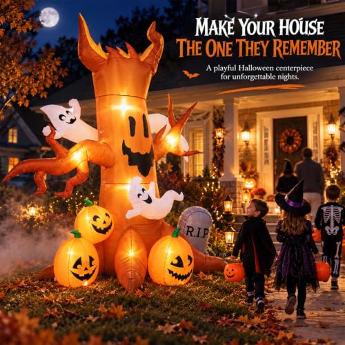 8FT Halloween Inflatable Ghost Tree Decoration with Pumpkins and Tombstone