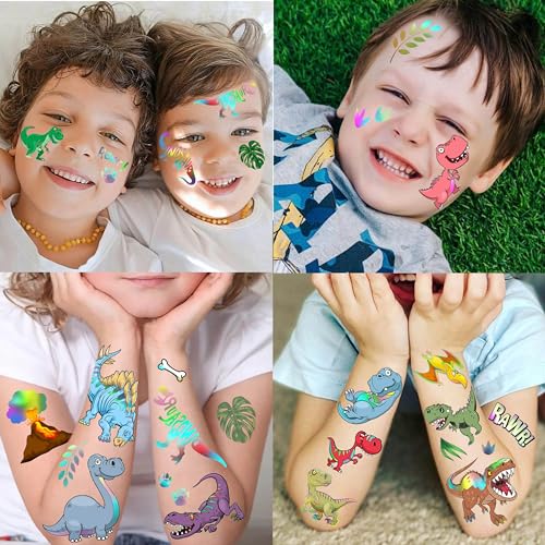 Dinosaur Temporary Tattoos Set - Iridescent Metallic 3D Dino Stickers for Kids & Teens - Variation: Dinosaur