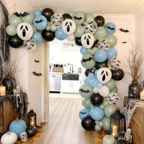Halloween Latex Balloons Set - Black Blue Green Ghost Bat Prints, 35 Pack with Bat Stickers