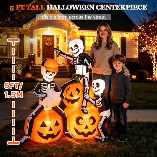 5FT Skeleton Inflatable Halloween Outdoor Decoration with Pumpkins and LED Lights