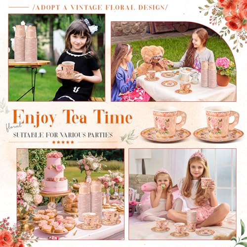 Disposable Floral Paper Tea Cups & Saucers Set - 7 oz Orange for Tea Party