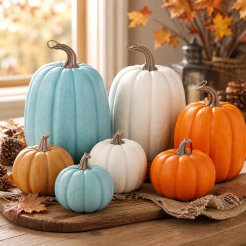7 Pcs Faux Teal Blue Pumpkin Decor - Artificial Fall Pumpkins for Home & Table Centerpieces
