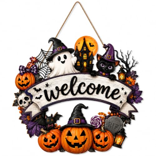 Halloween Wooden Door Wreath Sign - Rustic Fall Porch Decor with Ghost Pumpkin Bat
