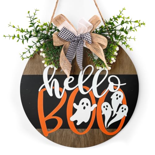 Cute Ghost Halloween Door Sign 12 Inch Wreath for Front Door - Farmhouse Halloween Decor with Hanging Rope - Variation: 12x12 Inches