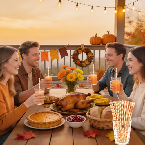 Reusable Orange White Striped Drinking Straws Set - Halloween & Fall Party Supplies
