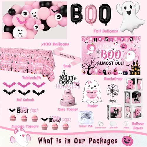 Halloween Baby Shower Decorations Girl Set - Pink & Black Spooky Party Kit with Balloons, Backdrop, Sash