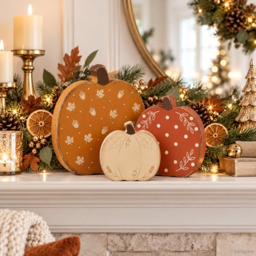 Wooden Pumpkin Fall Decor Set - 3 Distressed Rustic Autumn Pumpkins with Seasonal Prints - Pumpkin Variation