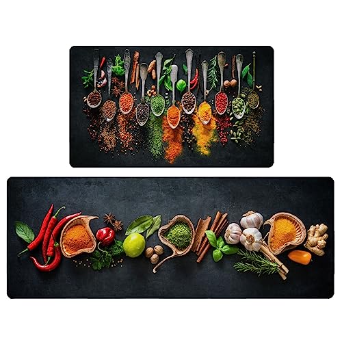 Herbs and Spices Kitchen Rug Set 2 Pieces Non Slip Waterproof Floor Mats – Spices Variation