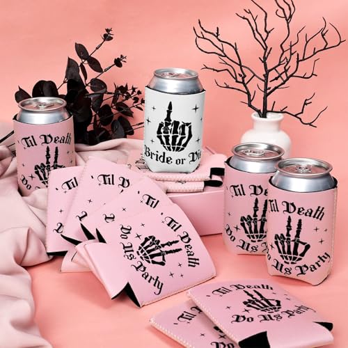Pink Bride or Die Can Cooler Set - Reusable Gothic Bachelorette Party Drink Sleeves