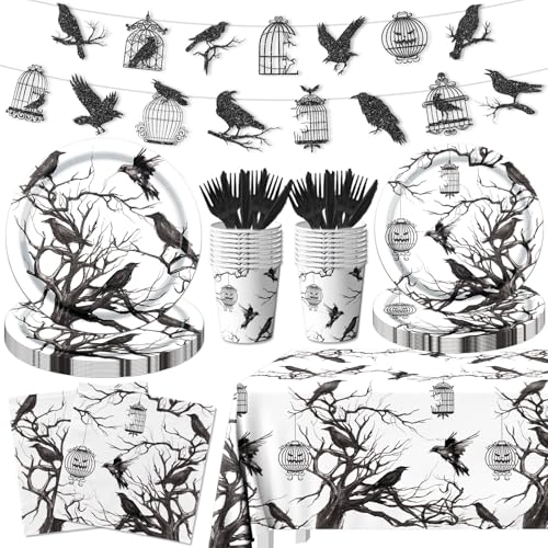 Halloween Party Decorations Set - 142PCS Gothic Crow & Tree Silhouette Tableware & Banner