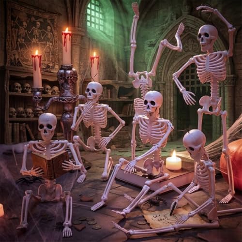 Full Body Halloween Skeleton Decorations - Movable Joints, Hanging or Standing, 16 Inch, Indoor & Outdoor Use