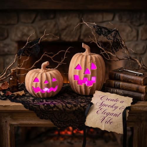 Orange Terracotta Jack-o’-Lantern LED Halloween Pumpkin Decor Set of 2