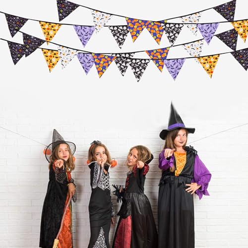 Halloween Pennant Banner Garland - 32Ft Fabric Triangle Flags for Party Decor - Black Orange Purple