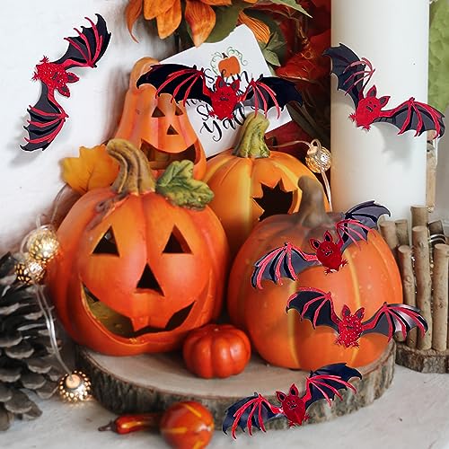 Halloween Bats Wall Stickers - Red & Black 3D Double Layer Decor - Variation: Red Bats - 12 Pcs
