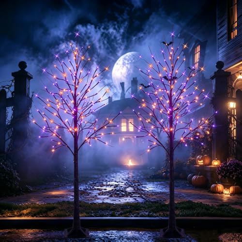 6FT Halloween Black Birch Tree with 288 Purple & Orange LED Lights, Waterproof Indoor Outdoor Decor