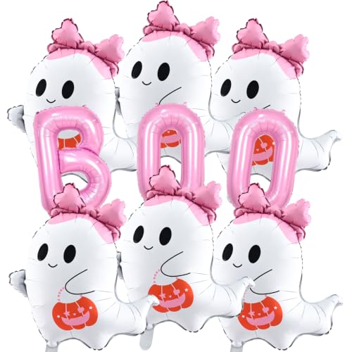 Pastel Pink Ghost Balloons Set with Bows & Pumpkins - Halloween Party Decor