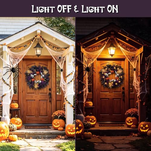 Halloween Wreath with Lights - Gothic Pumpkin Door Decor, 24 Inch