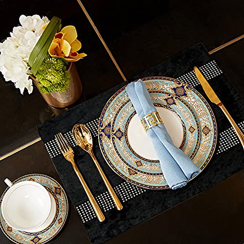 Black Velvet Placemats Set of 4 with Silver Sequin Rhinestones - Elegant Table Decor